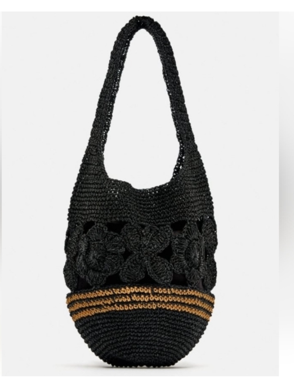 Zara NWT woven Black Floral Crochet knit Shoulder Bag tote